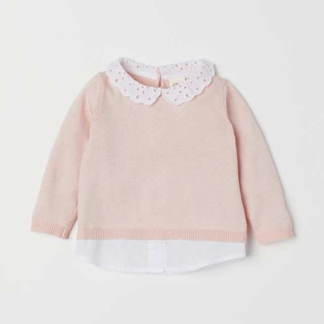Áo len hồng phối cổ ren trắng H&M authentic 💯