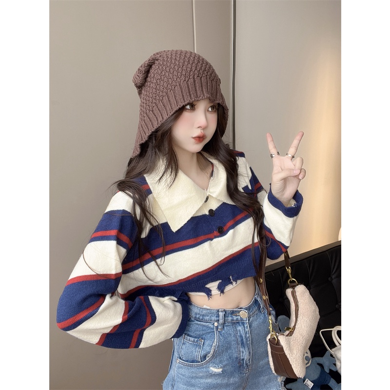 Áo sweater dệt kim cổ bẻ tay dài họa tiết sọc ngang phong cách thời trang Mỹ cho nữ