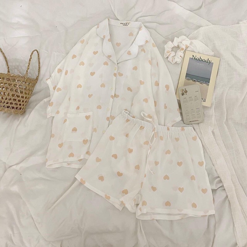 Bộ Pijama <FREESHIP> Bộ pijama hình cộc tay nữ tặng kèm dây buộc tóc scrunchies, bộ đồ mặc nhà siêu kute, bộ cộc nữ | BigBuy360 - bigbuy360.vn