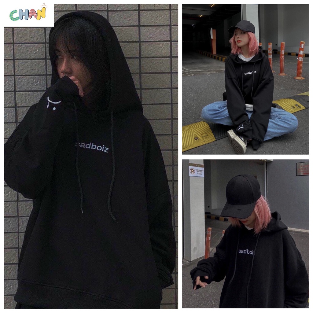 Áo Hoodie Sadboiz Đen Chữ Trắng Form Rộng Tay Phồng Unisex