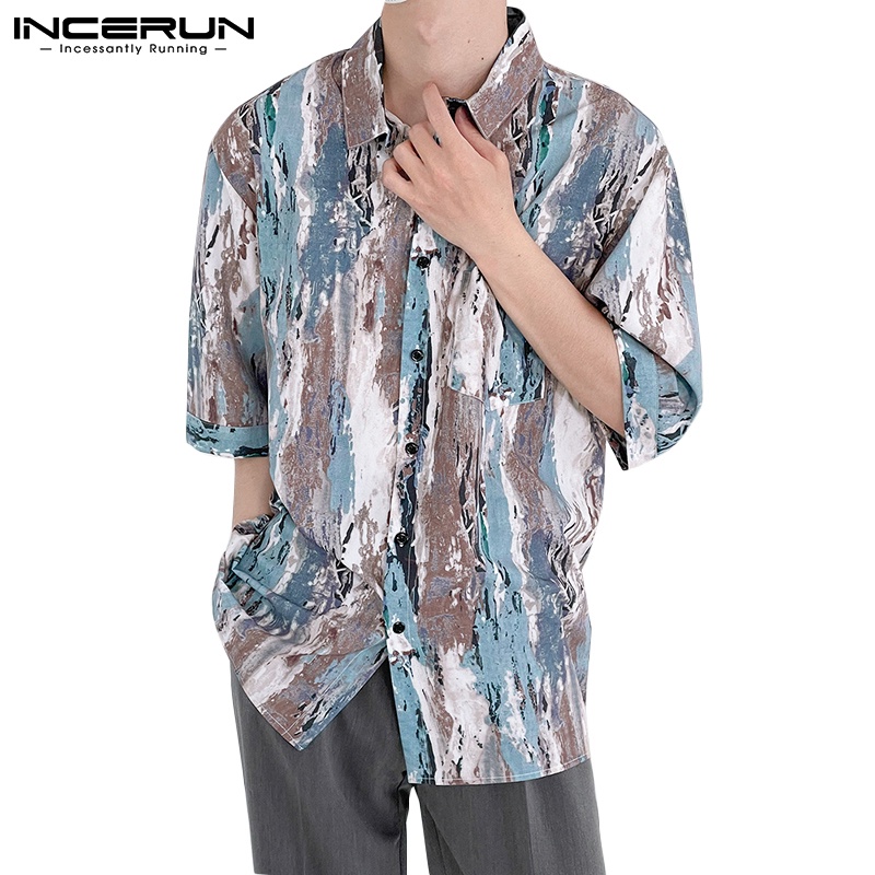 Áo sơ mi INCERUN cổ bẻ tay lỡ in họa tiết phong cách cổ điển cho nam