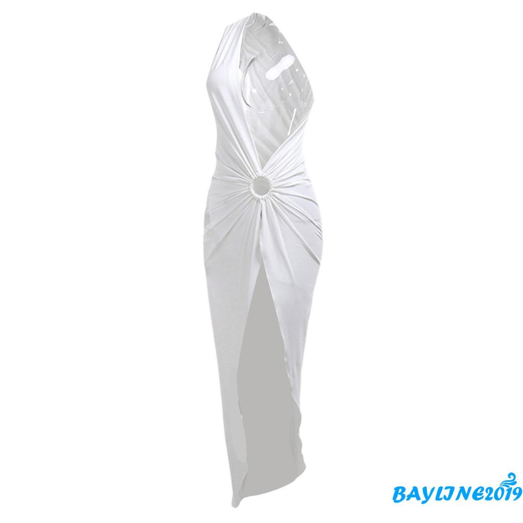 BAY-Women Party Dress, Sleeveless One-shoulder Hollowed Slit Cocktail Beach Long Dress