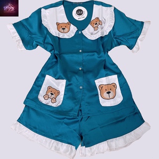 BỘ PYJAMA GẤU TEDDY LỤA  SATIN QUẦN ĐÙI  [CAO CẤP] [HÀNG ĐẸP CHUẨN]