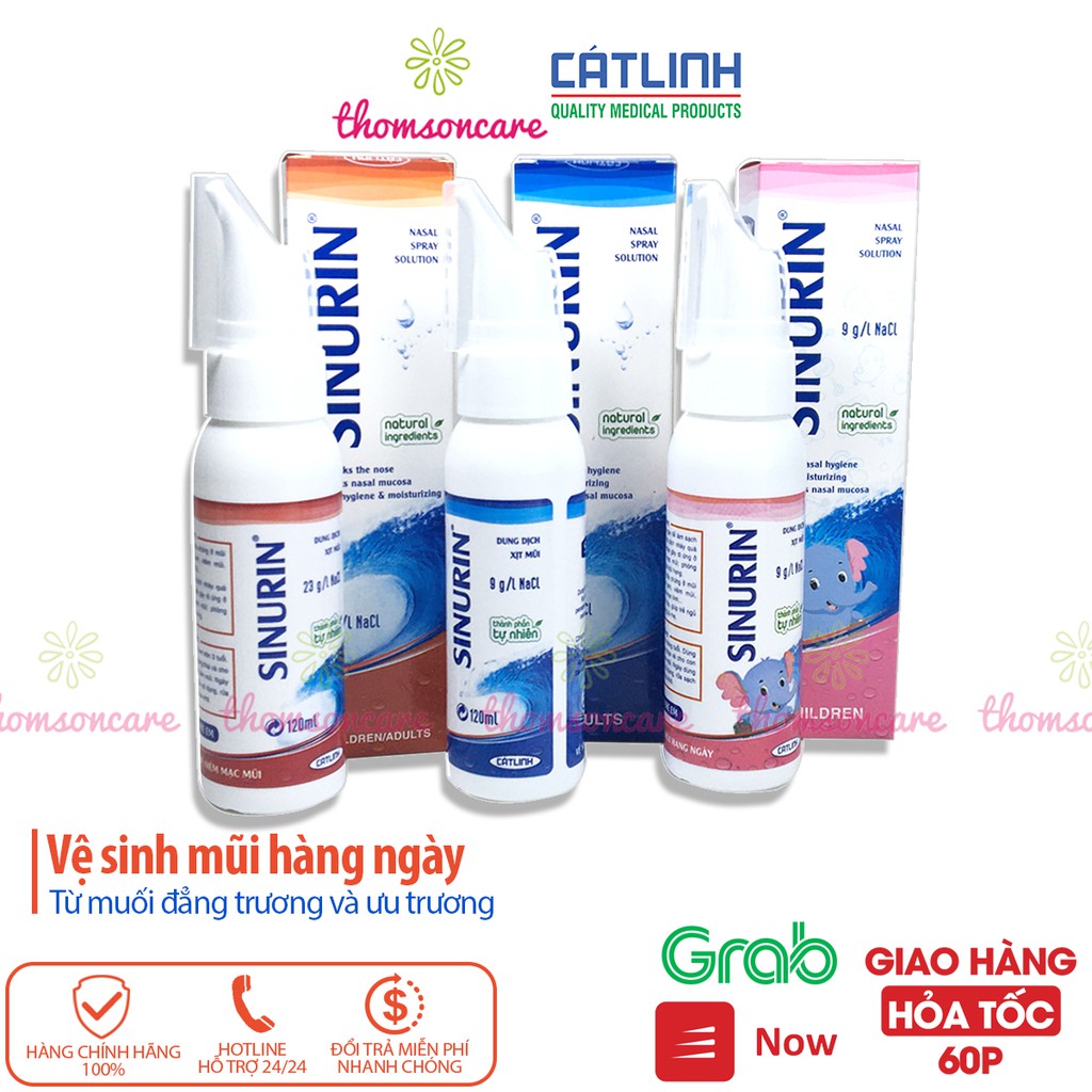 Xịt nước muối biển Sinurin của Dược Cát Linh từ muối ưu trương, đẳng trương, cho bé từ 3 tháng và người lớn lọ 120ml