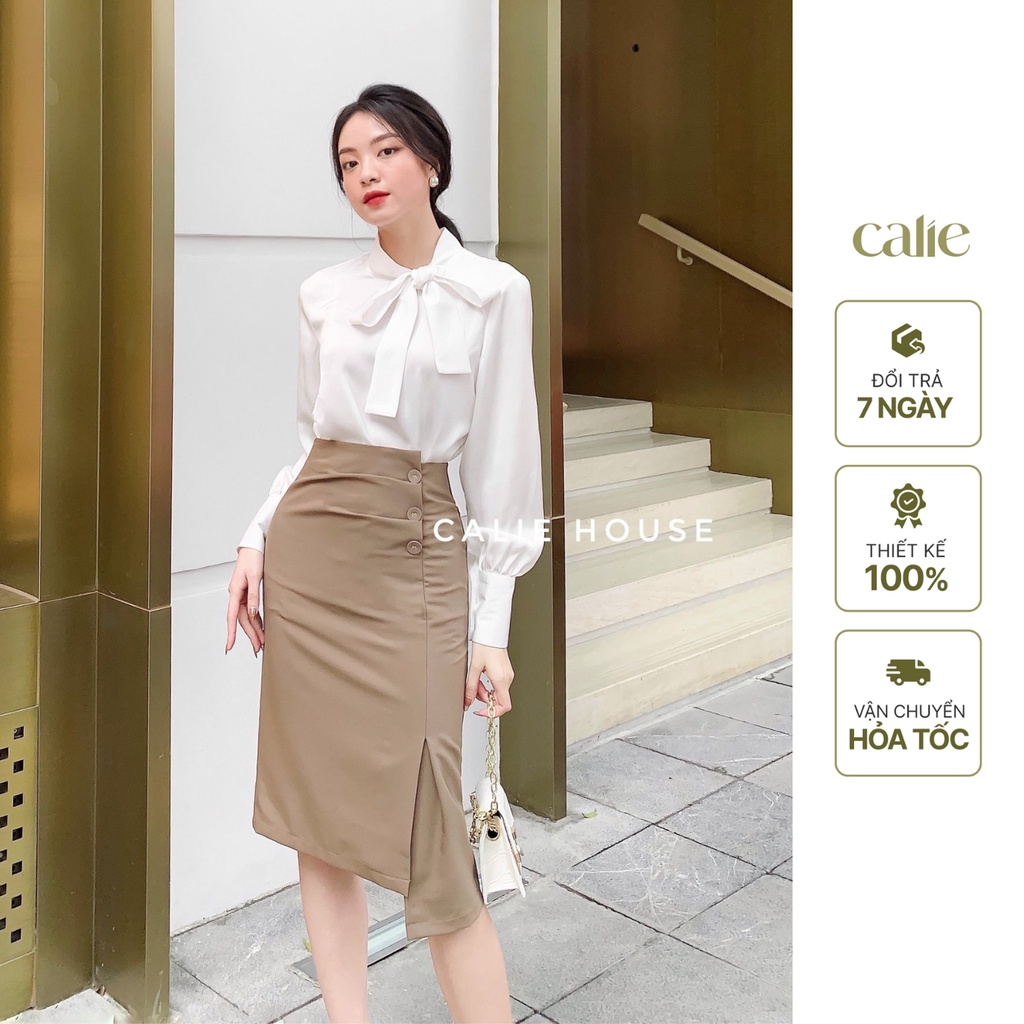 Chân váy dáng dài nữ dáng A cạp cao vạt lệch đính cúc thanh lich thời trang công sở Calie House CV23