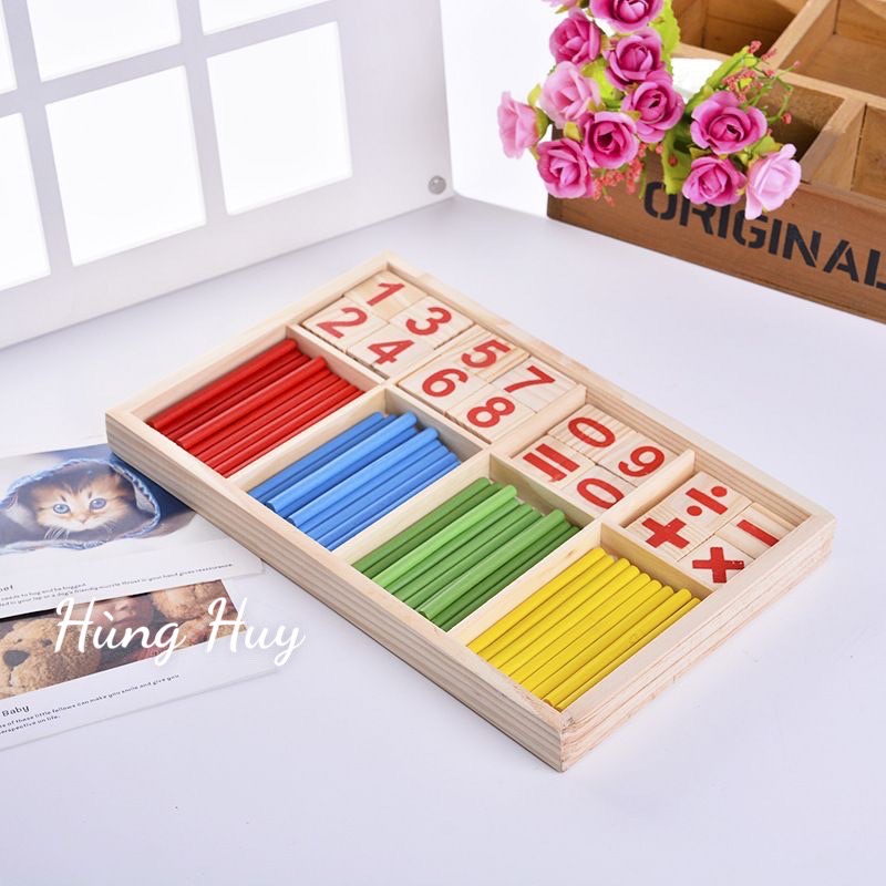 Bảng que tính học toán bằng gỗ- Đồ chơi gỗ giáo cụ montessori giúp bé nhận biết màu sắc, chữ số và các phép tính