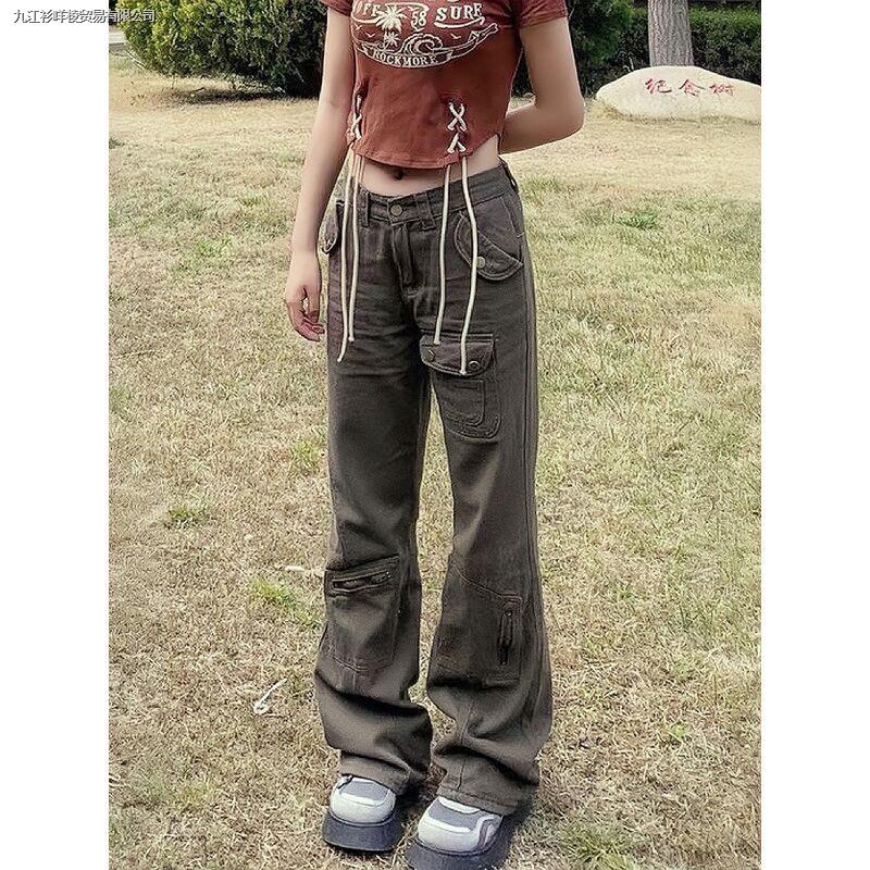 Quần Jean Dài Lưng Cao Ống Đứng Nhiều Túi Phong Cách Retro Mỹ Thời Trang Mùa Hè Cho Nữ