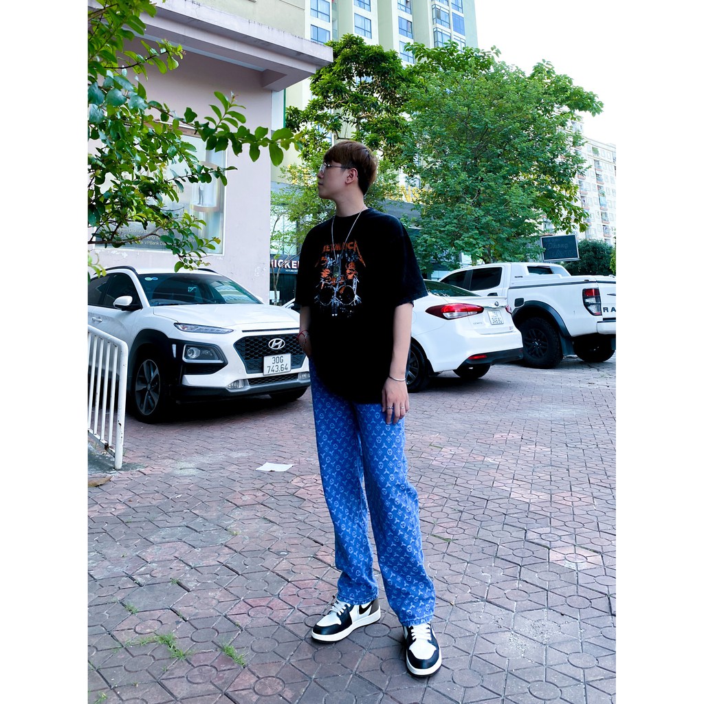 Quần jeans nam cạp cao ống rộng bigsize MALTRIK in họa tiết LV phong cách Hàn Quốc Size lớn đến 90kg