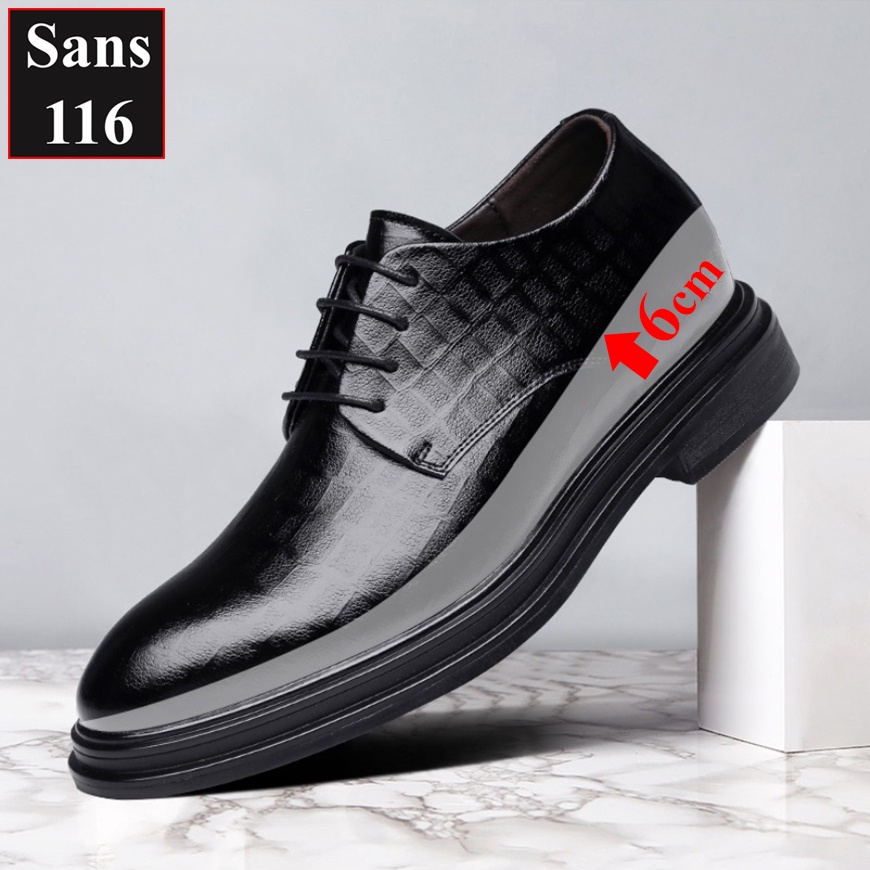 Giầy tây nam tăng chiều cao 6cm Sans116 giày derby công sở đen độn đế buộc dây cao cấp chú rể đám cưới mặc vest
