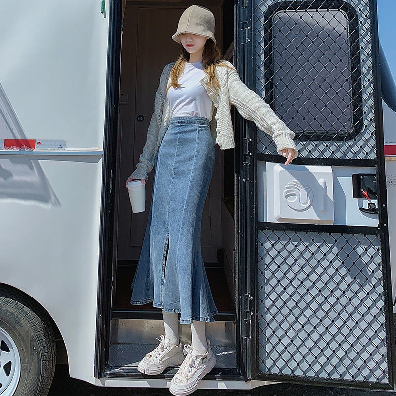Jiashucheng Chân Váy Denim Đuôi Cá Lưng Cao Xẻ Tà Xinh Xắn