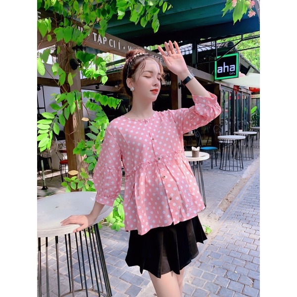 Áo bà bầu mùa hè tay lỡ chất tơ đũi chấm bi thiết kế cao cấp trẻ trung công sở
