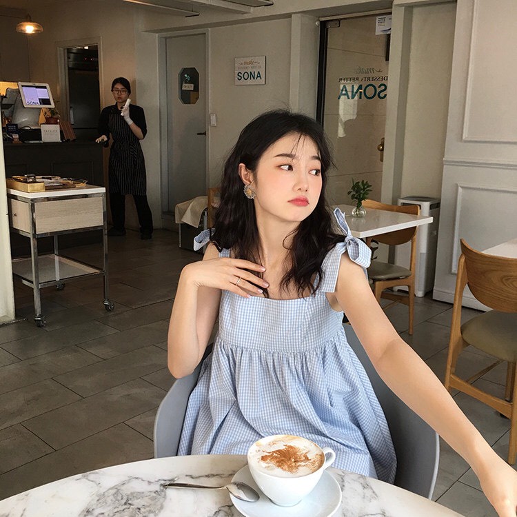 [Ảnh thật] Set áo 2 dây babydoll kẻ xanh thắt nơ vai kèm quần sooc trắng - Bộ áo 2 dây mix quần đùi trắng