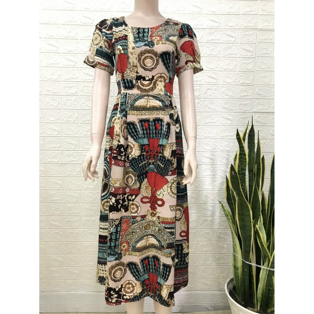 Đầm Xoè Vintage Hoạ Tiết Cổ Tròn| Váy Đầm Dáng Xòe Xinh Xắn | BigBuy360 - bigbuy360.vn