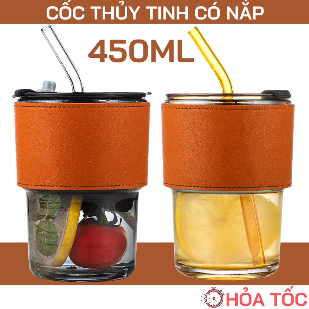 Cốc Thủy Tinh Bọc Da Sang Trọng 450ML - TẶNG Kèm Ống Hút Và Nắp Chống Tràn Tiện Lợi