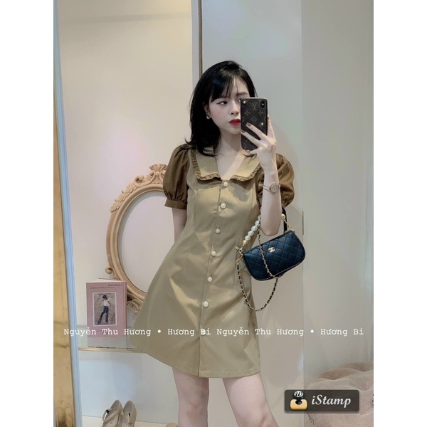 Váy kaki cổ sen pha tay