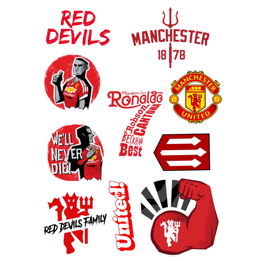 Bộ 10 sticker hình dán MANCHESTER UNITED, hình dán laptop, hình dán xe, hình dán pvc