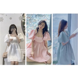 Đầm babydoll tay phồng cột nơ lưng vải xốp nổi , váy nữ thời trang ullzang nữ tính