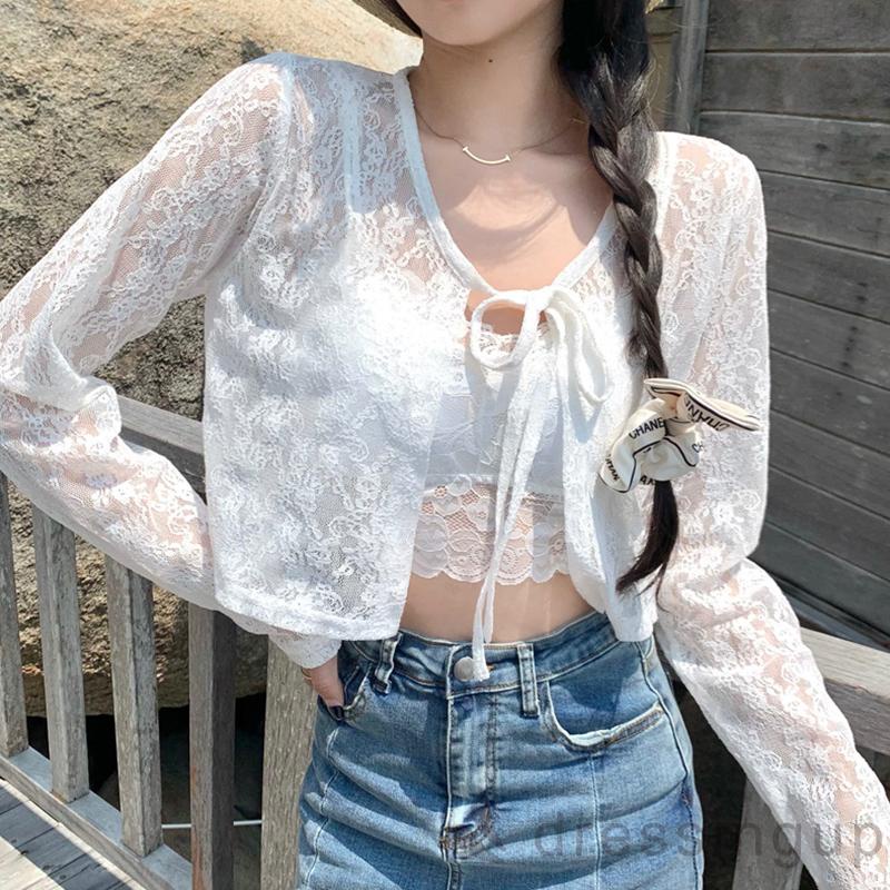 Áo Sơ Mi Tay Dài Màu Trơn Phối Ren Chống Nắng Thời Trang Mùa Hè Cho Nữ