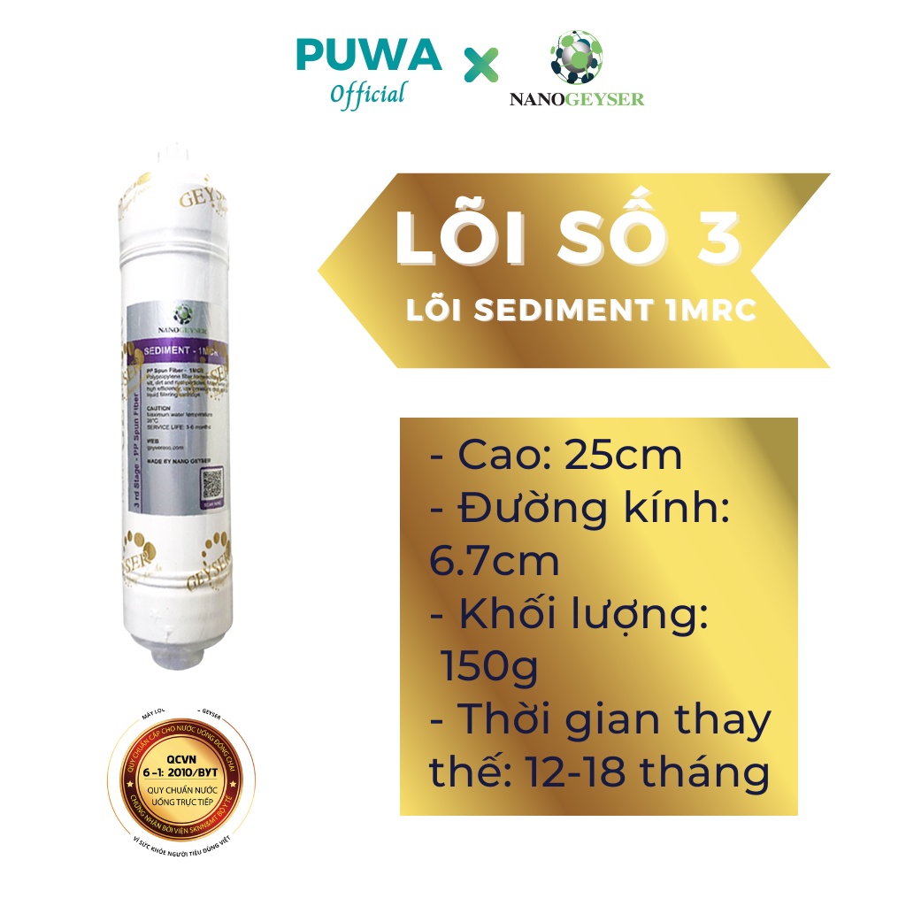 Lõi lọc số 123 dùng cho các dòng máy RO lõi đúc, lõi Sediment 5MCR, Pre Carbon, Sediment 1MCR