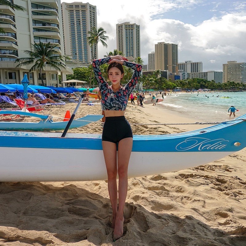 Bikini tay dài hoa lá Hàn quốc quần cạp cao siêu xinh