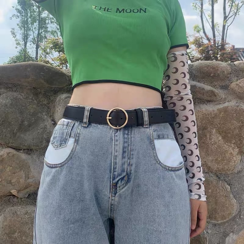 Dây thắt lưng Ulzzang mặt tròn vàng Style Hàn Loại xịn đẹp TL008 Meo shop - dây nịt tròn nữ da bản to 3cm