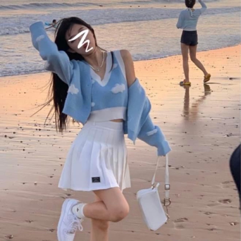 Set áo ba lỗ croptop len in hình mây kèm áo khoác cardigan len tay dài - Order taobao quảng châu