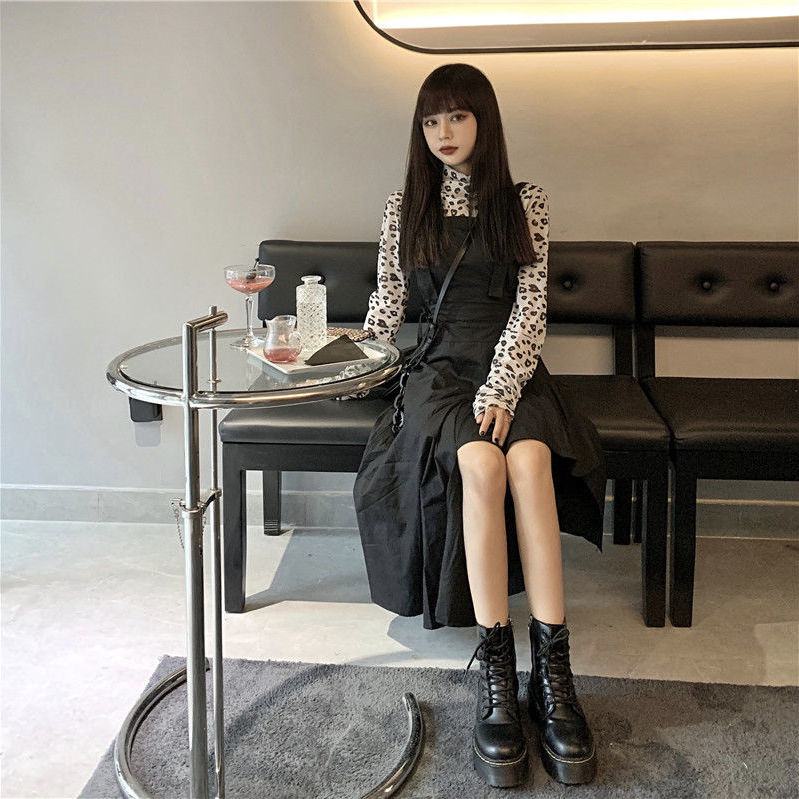 New leopard print women's long-sleeved T-shirt + two-stringed dress with laces