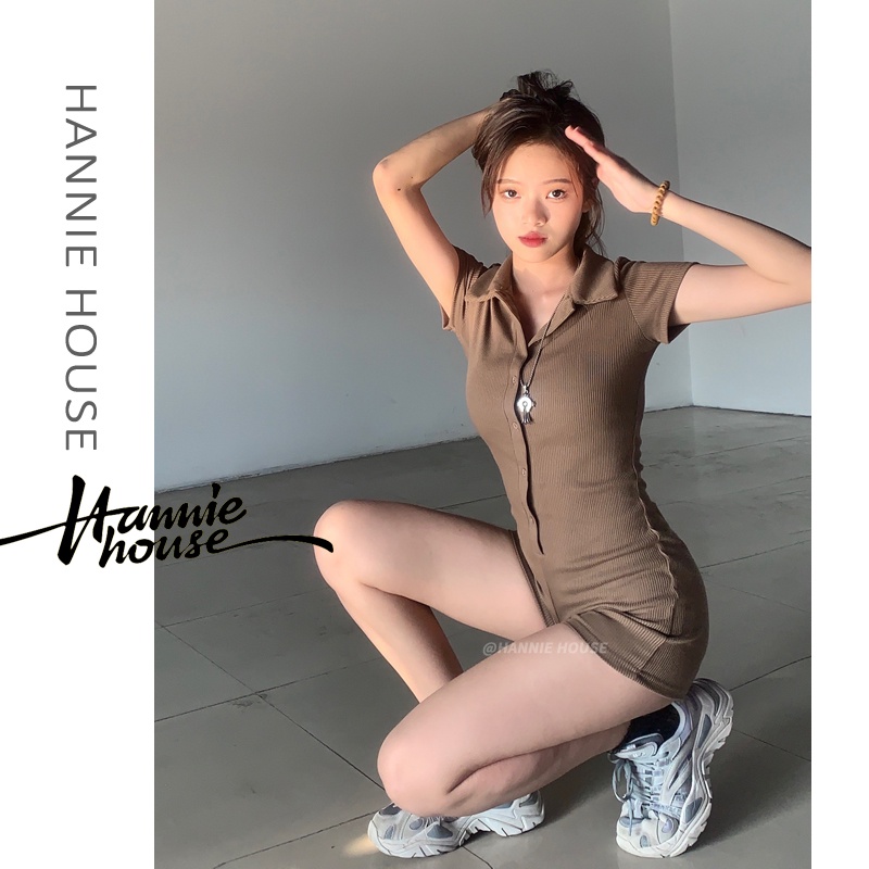 Áo liền quần ngắn tay màu trơn cài nút phía trước hợp thời trang cho nữ