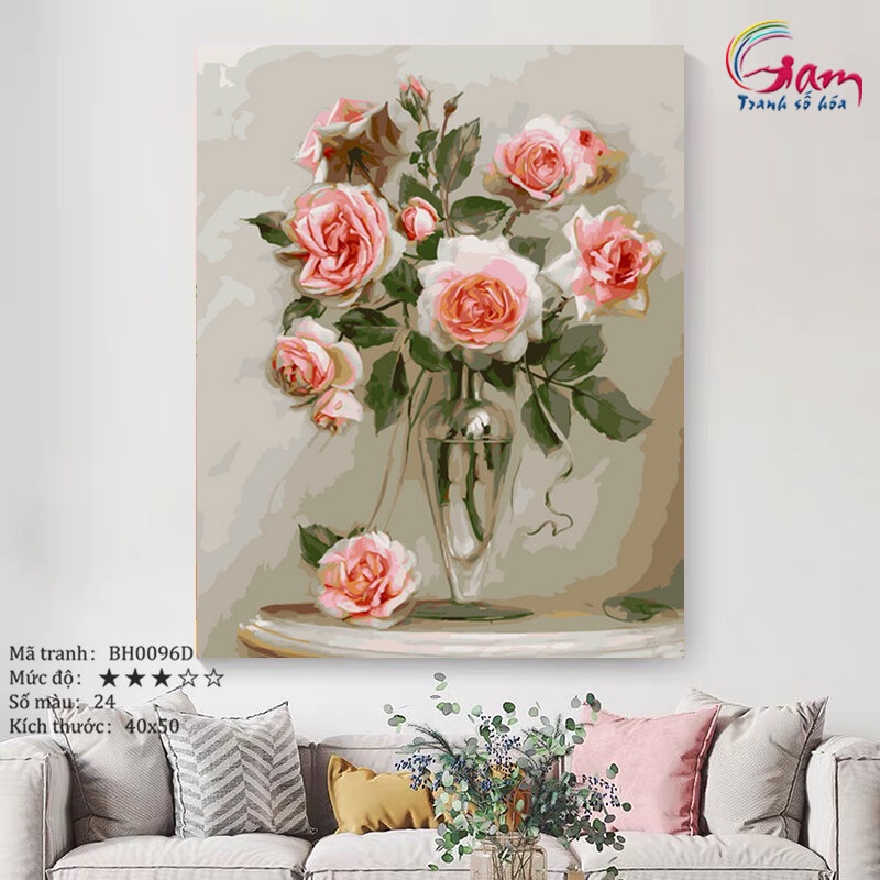 Tranh sơn dầu số hóa tự vẽ Gam Tranh lọ hoa hồng mã BH0096D