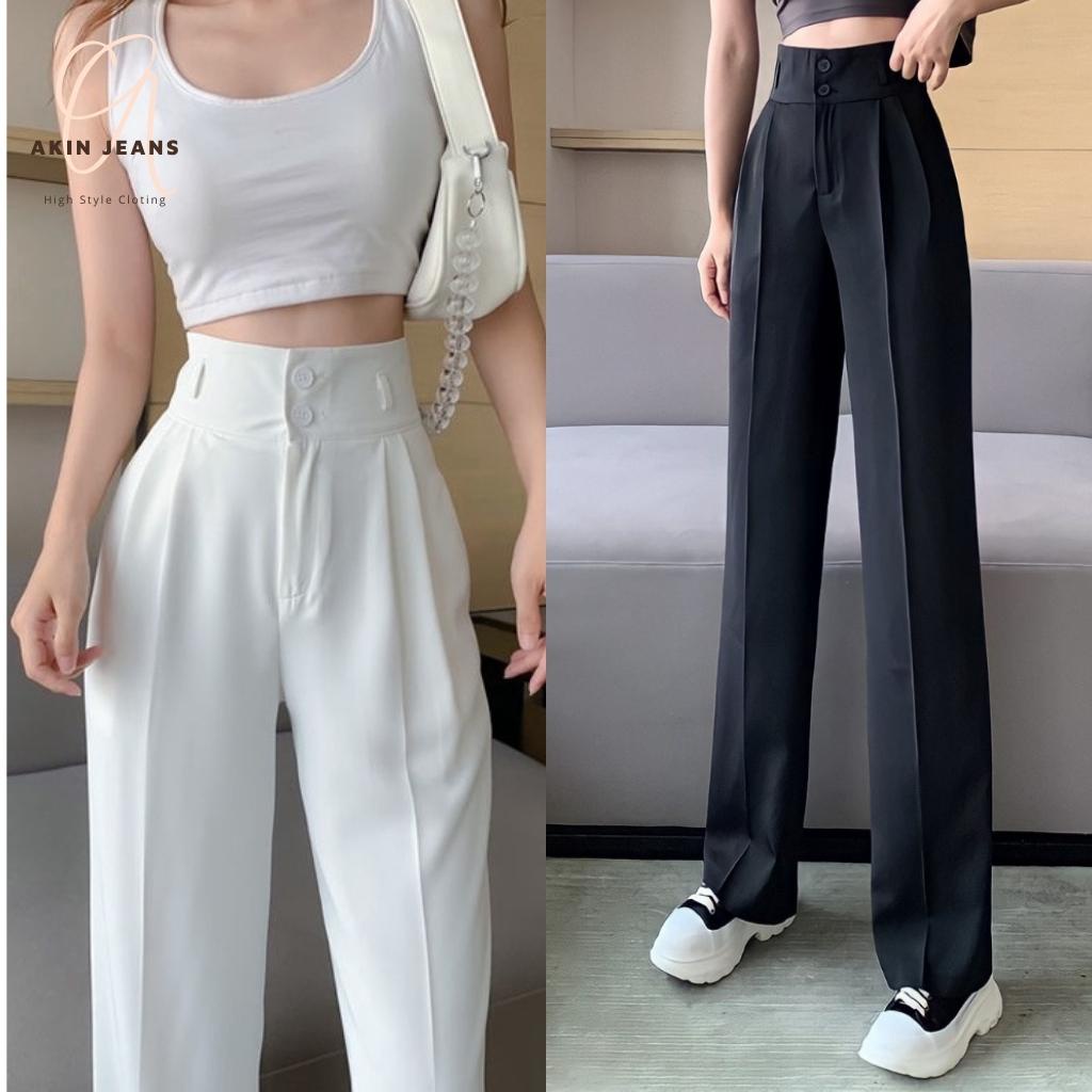 Quần Ống Suông 2 Khuy Nữ Akin Jeans Dáng Dài Cạp Cao, Quần Vải Ống Rộng Chất Vitex Cao Cấp, S2C, Qc
