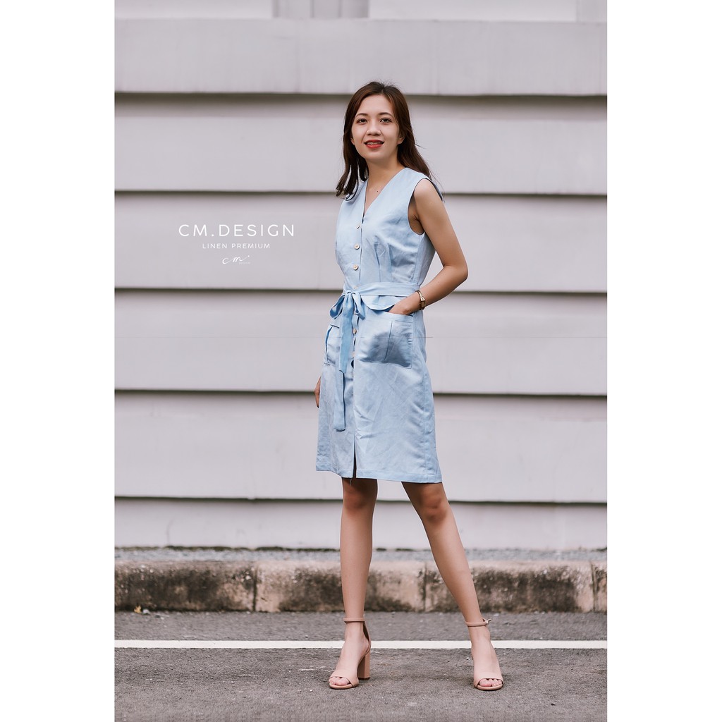 Đầm cổ chữ V CM Design linen thắt nơ eo (xanh nhạt)