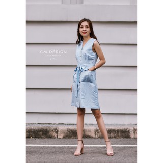 Đầm cổ chữ V CM Design linen thắt nơ eo