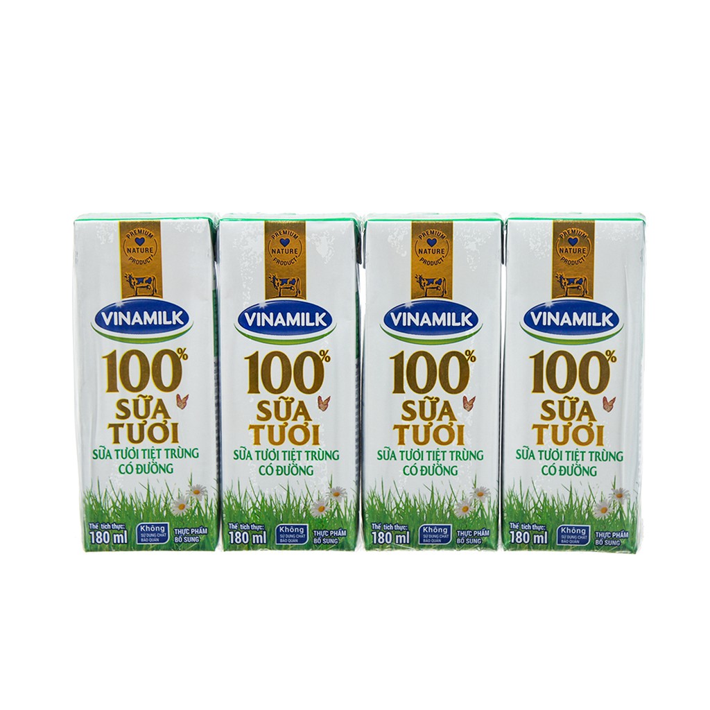 Lốc 4 hộp sữa tươi Vinamilk 100% có đường 110ml - 180ml