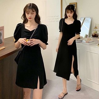 Đầm chữ A màu đen dáng dài/ngắn cho nàng mũm mĩm tay phồng kiểu Pháp