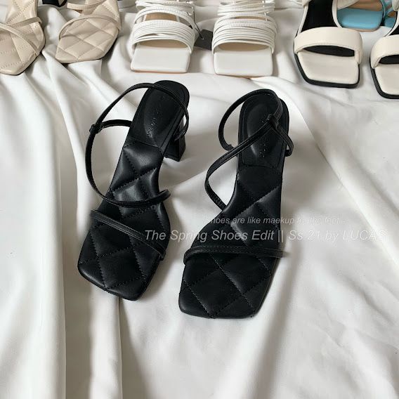 Giày đen 2 dây chéo đế ca may hình quả trám đai cài 7P