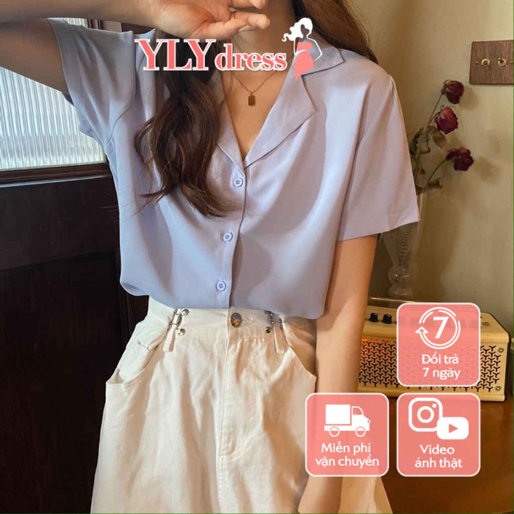Áo sơ mi tay ngắn cổ vest nữ form rộng đẹp freesize hàn quốc trắng đen kem xanh hồng vintage hàn quốc ylydress C456