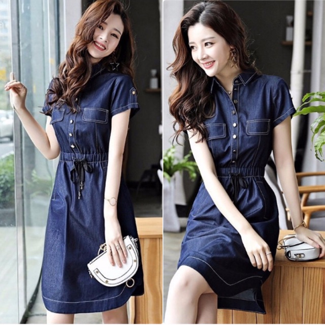Đầm jean nữ tay ngắn eo thắt dây ôm body
