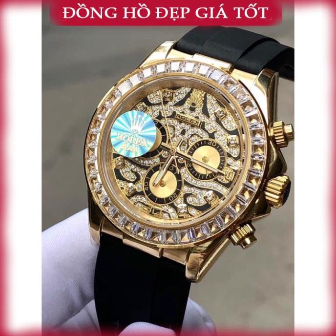Đồng hồ Nam Ro-lex dây cao su máy nhật dòng cơ Automatic mặt đá vành đá vỏ vàng size 41mm