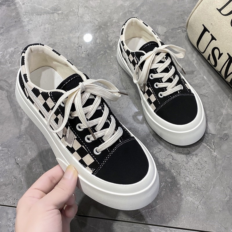 Giày thể thao sneaker nữ vải canvas kẻ sọc caro đế độn Hàn Quốc FLOWER G05 - Nguyentrang239
