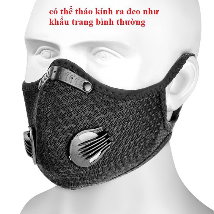 Khẩu trang vải kháng khuẩn than hoạt tính 5 lớp có kính bảo hộ chắn chống giọt bắn van thở thông thoáng