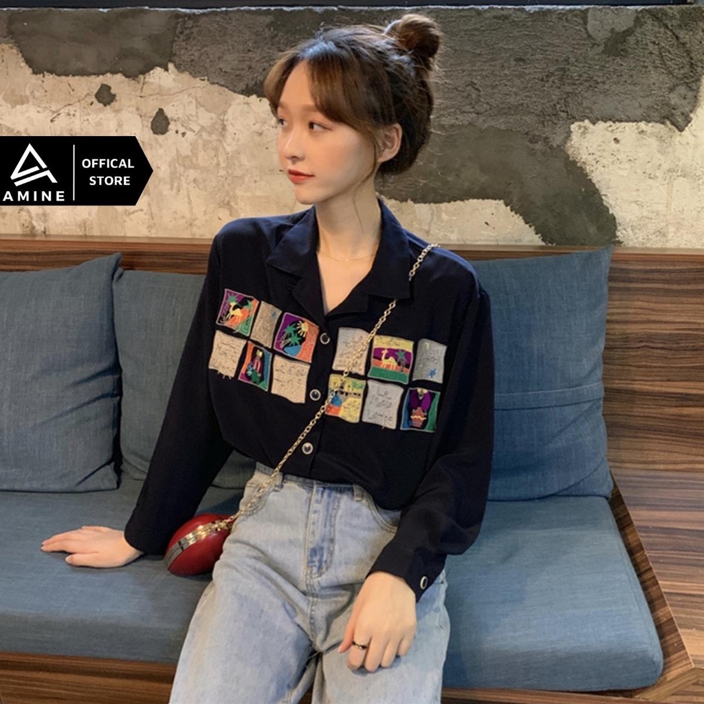 Áo sơ mi nữ đẹp, Sơ mi tay ngắn Free size thêu hình phong cách Hàn Quốc M01 | BigBuy360 - bigbuy360.vn
