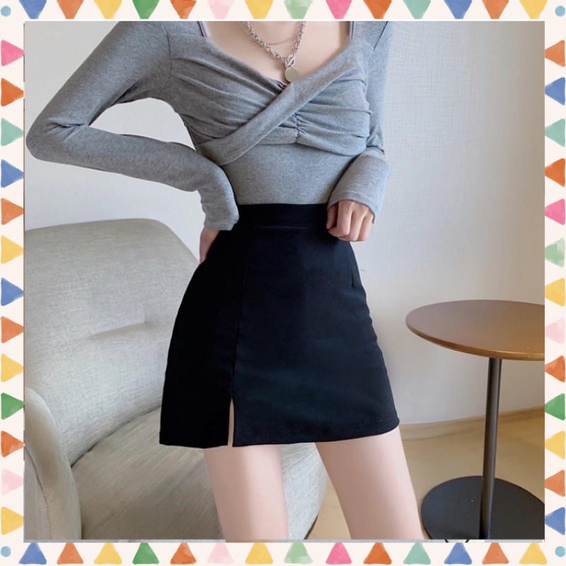 Chân váy chữ a ngắn trơn đen xẻ 1 bên M242