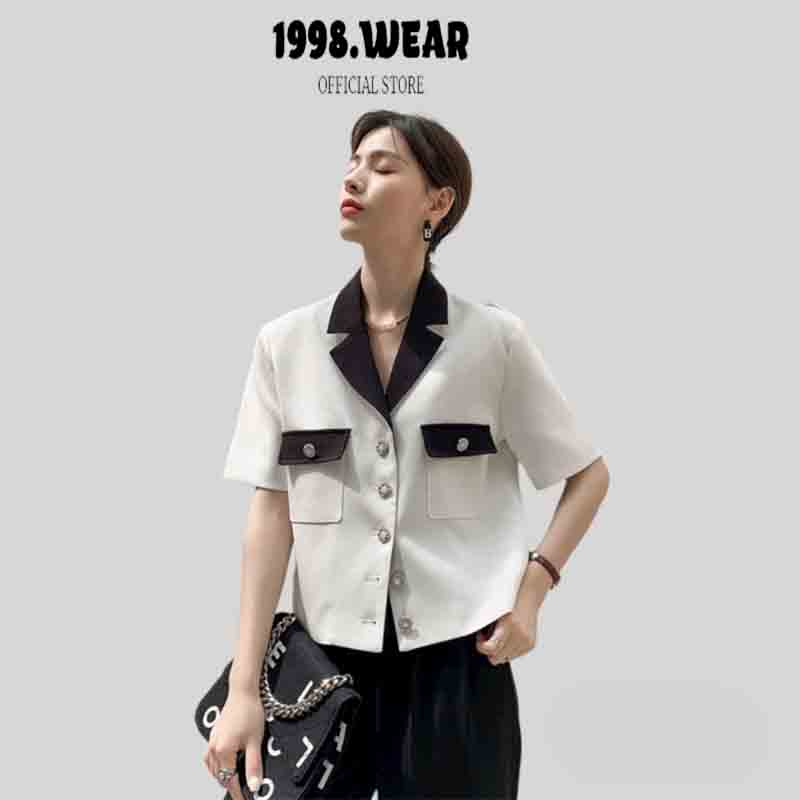 Áo vets ngắn crotop áo sơ mi blazer cổ vets túi nắp fom rộng thanh lịnh dành cho nữ-1998.Wear