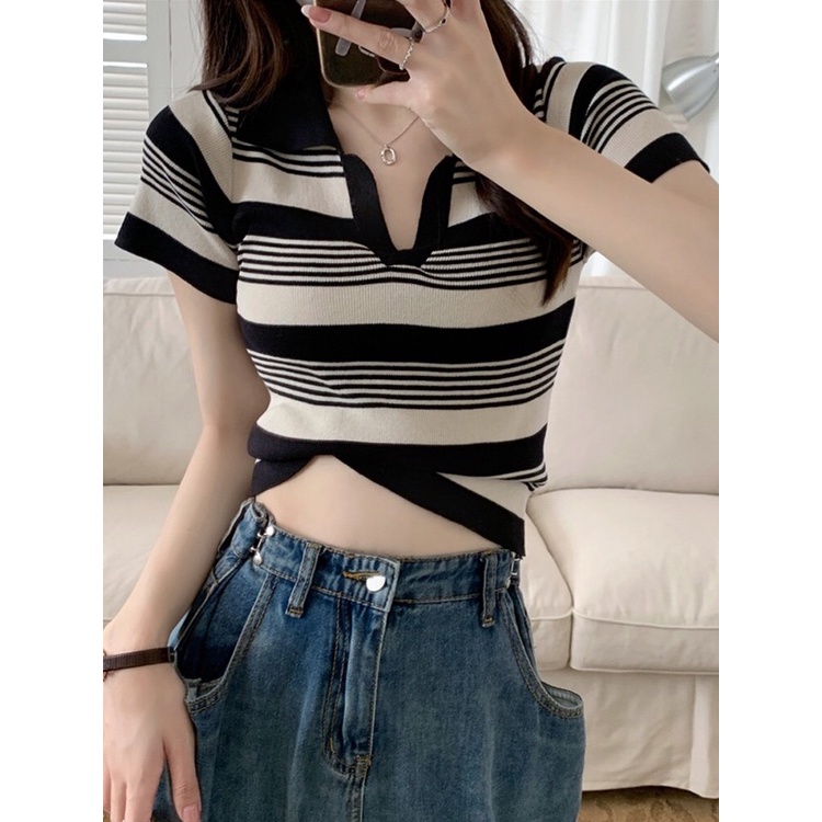 QADCOL  Áo polo Dệt Kim Mỏng Dáng Ôm Tay Ngắn Kẻ Sọc Kiểu Retro Dễ Phối Đồ