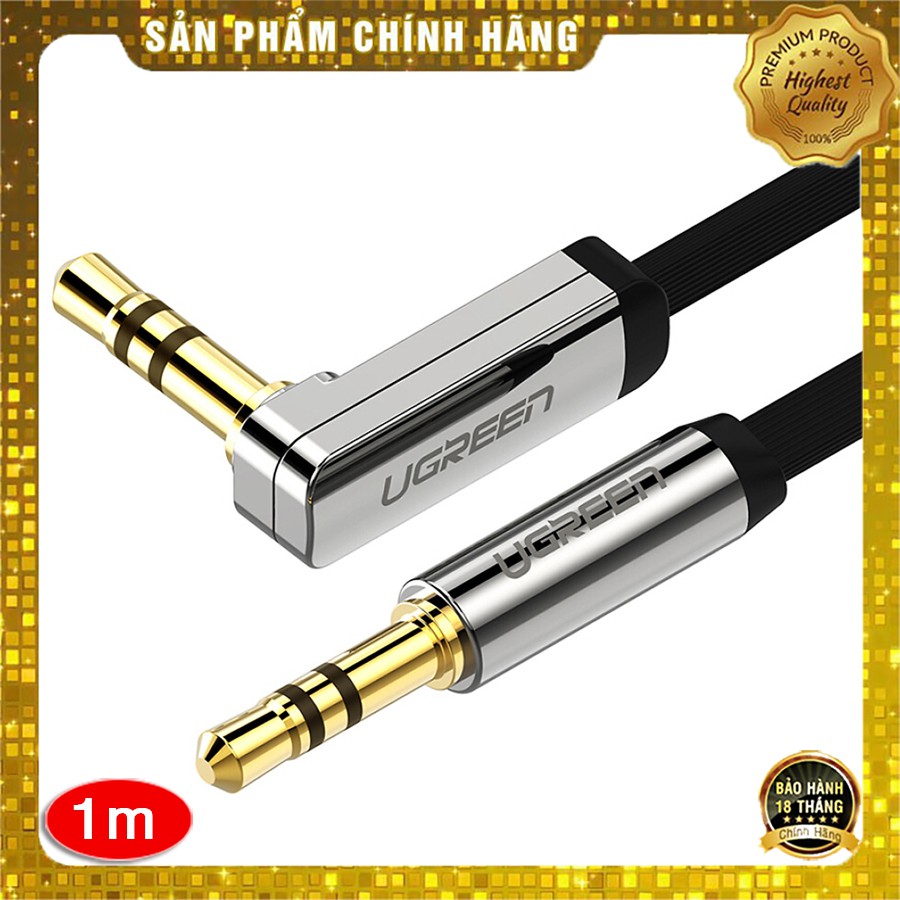 Ugreen 10597 - Cáp âm thanh 2 đầu 3.5mm dài 1m dây dẹt đầu vuông góc 90 độ cao cấp
