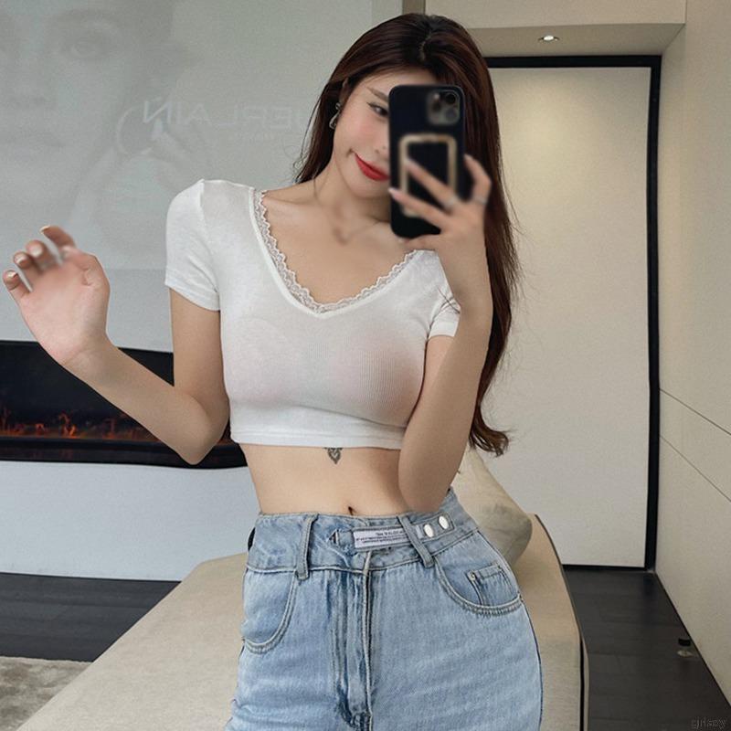 Áo thun croptop tay ngắn cổ chữ V hở lưng màu trơn phong cách thời trang Hàn Quốc