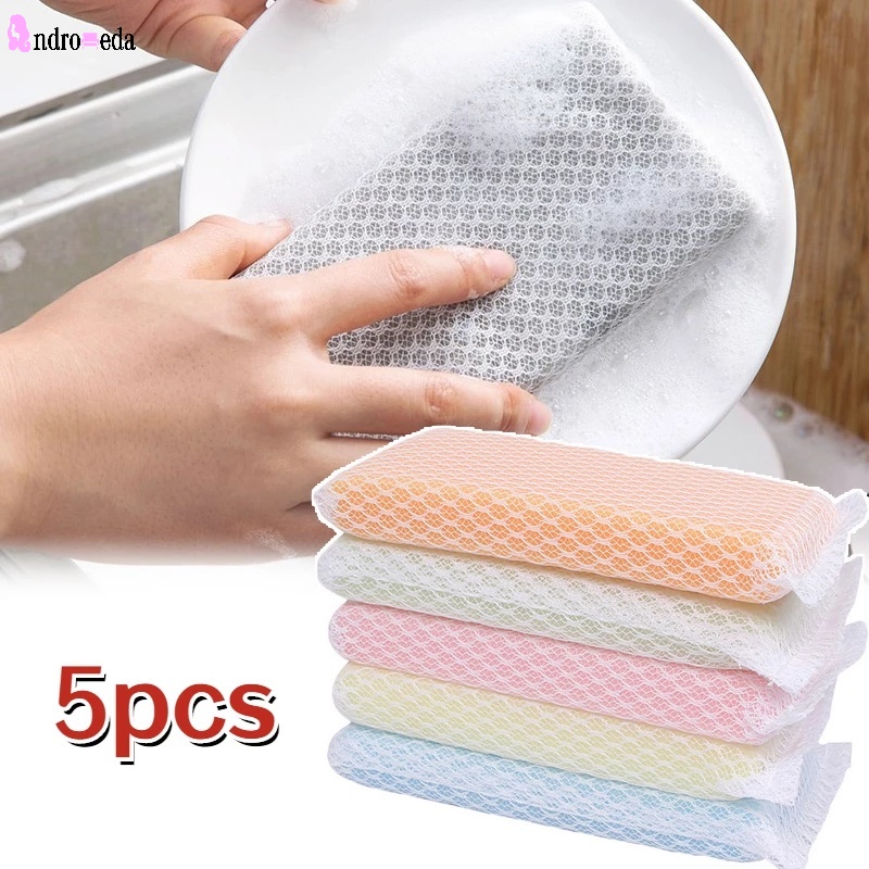 Set 5 Miếng Xốp Rửa Chén Hai Mặt Kèm Lưới Đa Năng Tiện Dụng Cho Nhà Bếp