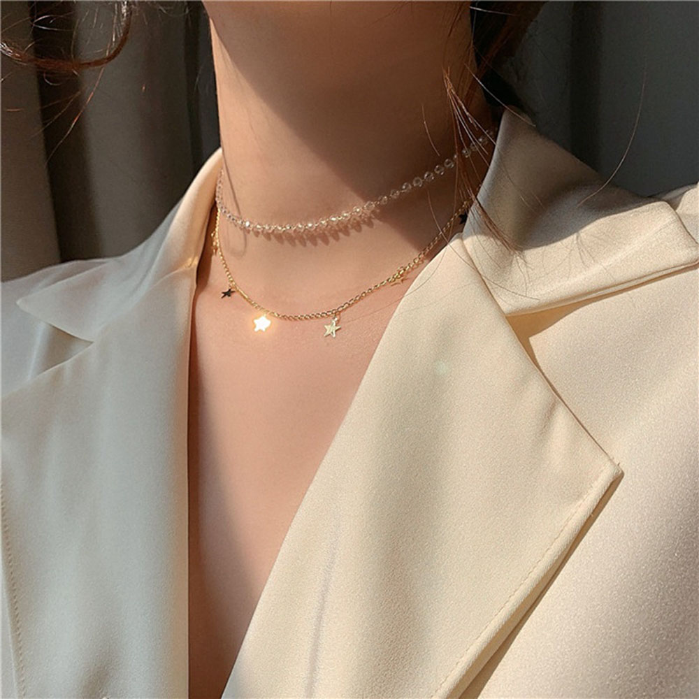 Vòng Cổ Choker Nhiều Lớp Mặt Ngôi Sao Lấp Lánh Xỏ Hạt Trong Suốt Thời Trang