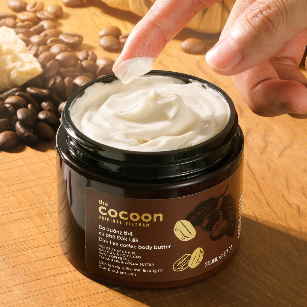 Bơ dưỡng thể cà phê Đăk Lăk Cocoon 200ml giúp da mềm mịn trắng sáng rạng rỡ - Thuần Chay Vegan Garden