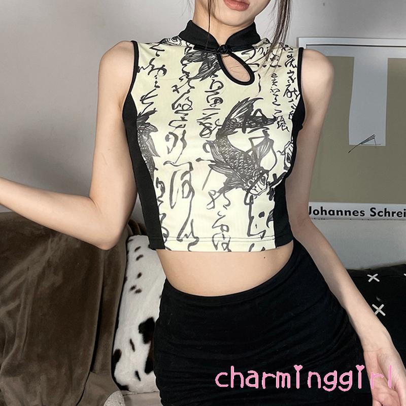 Chm-áo Sát Nách Ngắn Cổ Đứng In Họa Tiết Cá Chữ Thư Pháp Phối Màu Nổi Bật Thời Trang Cho Nữ
